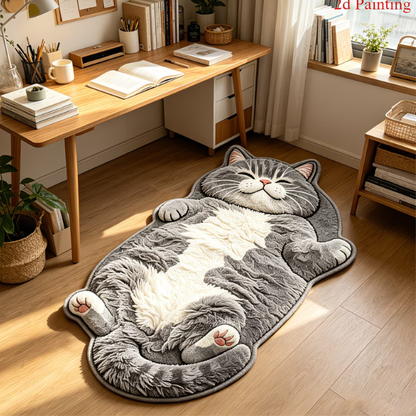 Gray Tabby Cat Shaped Rug - Soft Decorative Floor Mat
