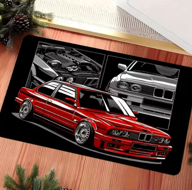 E30 Red Black and Gray Car Pattern Door Mat - Non-Slip ( 50x80cm)