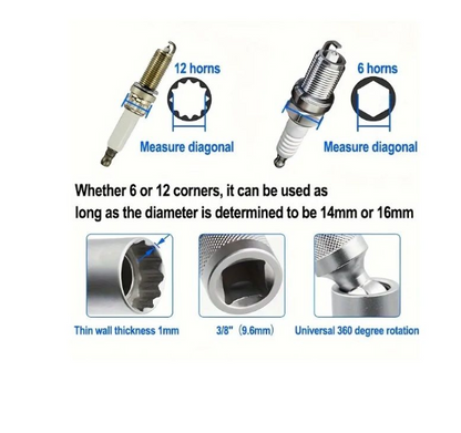 Deep Thin Wall Swivel Spark Plug Socket 12 Point 14mm and 16mm - 2 Piece