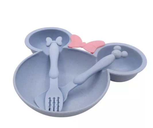 3 Piece Nunuza Minnie/Mickey Wheat Straw Baby Plate, Fork & Spoon Set Blue