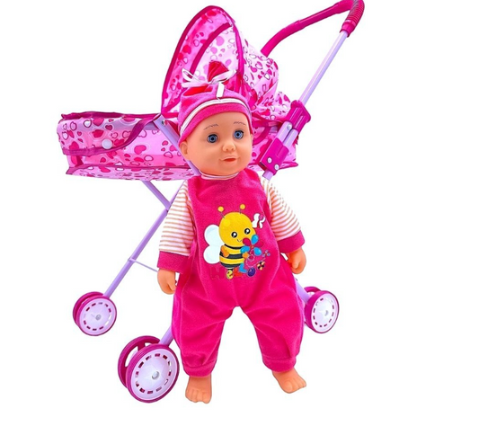 35cm Crying Baby Doll Combo with Hooded Pram/Stroller