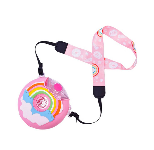 Kids Cute Donut shape Water Bottle with Straw & Strap - Pink