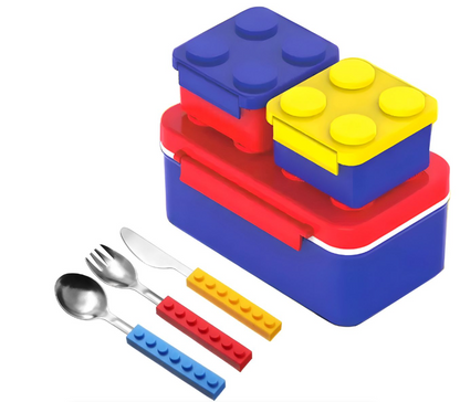 Stackable Brick Lunch Boxes Set with Matching Stackable Brick Cutlery Set